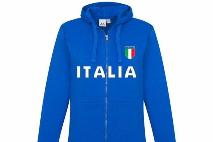 Blue zip-up hoodie with words ITALIA written across the front in white letters.