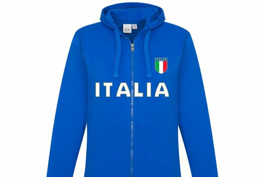 Blue zip-up hoodie with words ITALIA written across the front in white letters.