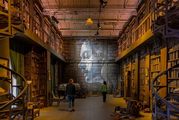 People wandering through an old library with a woman's face painted on the books.