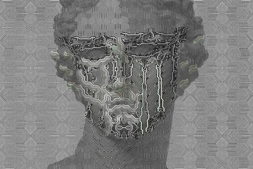 Artwork depicting the head of a classical statue composed of many layers of the outlines of computer motherboards, in  monochromatic tones and repeated lines and patterns.