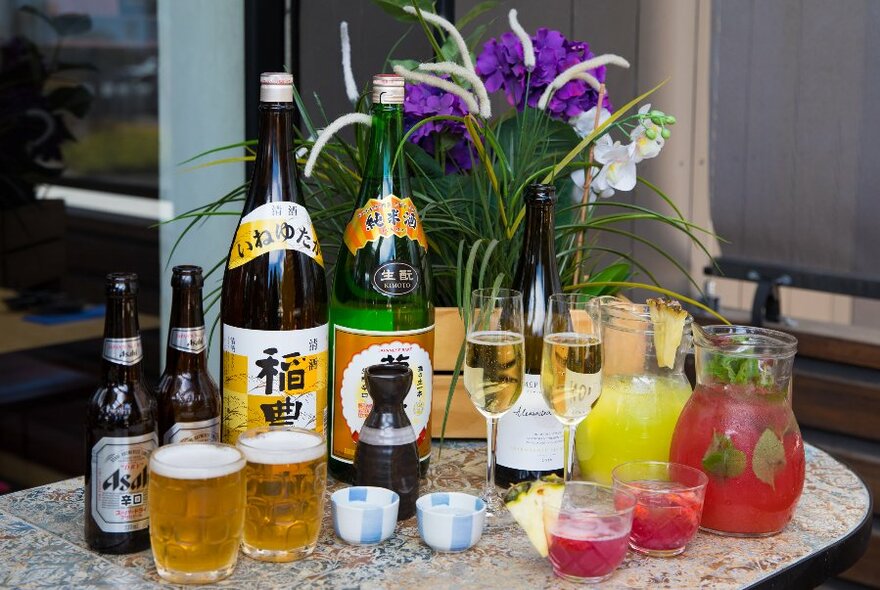 Selection of Japanese sake, beer and soft drinks.