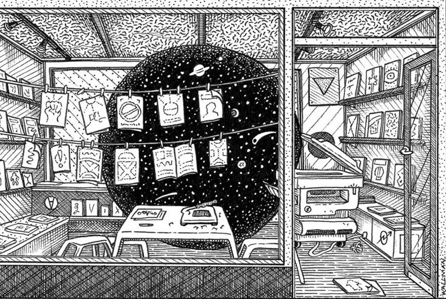 Line drawing representing the shopfront of Sticky Institute showing zines hanging in window, a photocopier and shelves of products.