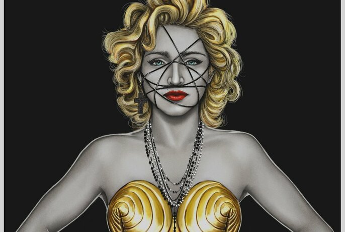Illustration of woman with short-ish blonde hair, gold bustier, multiple chains, red lipstick and black ribbon criss-crossed over face, against black background.