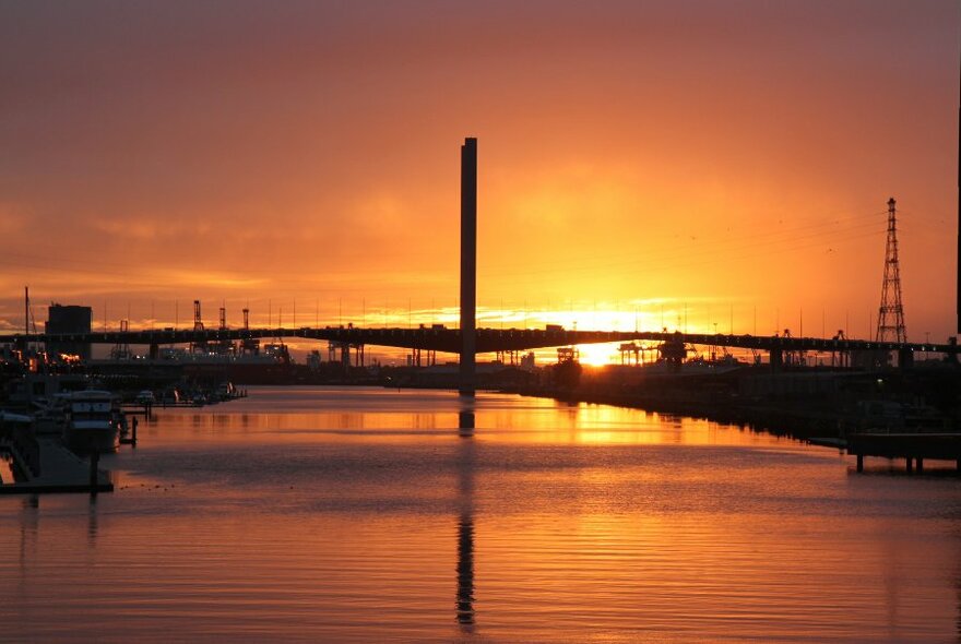 An image of the Bolte Bridge taken from the Yarra river, bathed in an orange sunset glow.