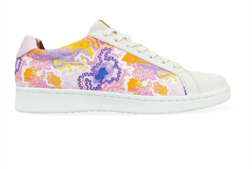 Colourful sneaker covered in First Nations art, shot on a white background.