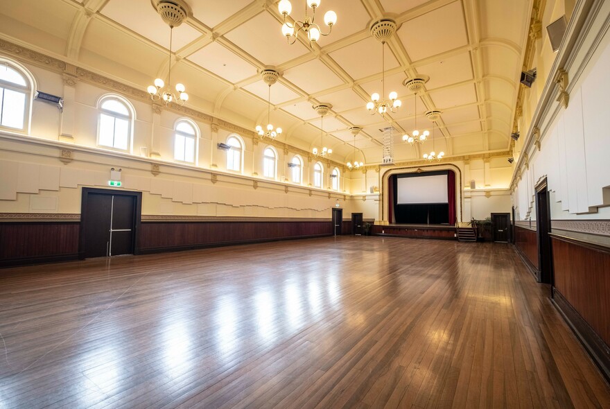 Large main hall with wooden flooring at Kensington Town Hall.