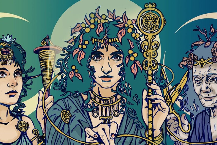 A graphic illustration of the three Fates, holding staffs and showing decorations in their hair. 