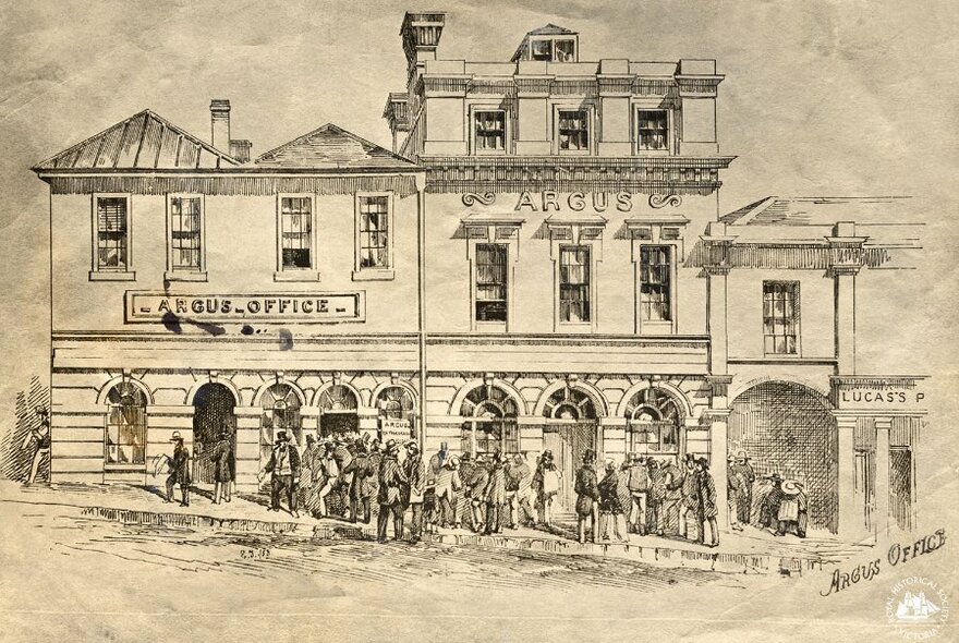 A sketch of an old Gold Rush era post office with people gathered outside. 