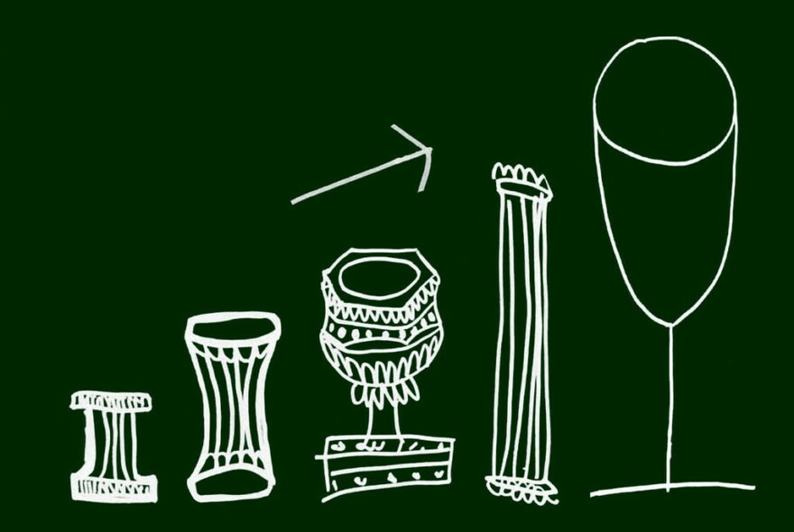 Drawing of columns evolving into wine glass.
