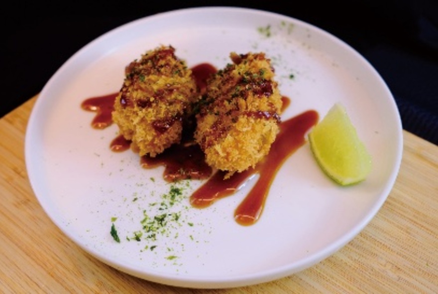 Two deep fried balls of food drizzled with a sauce on a white plate.