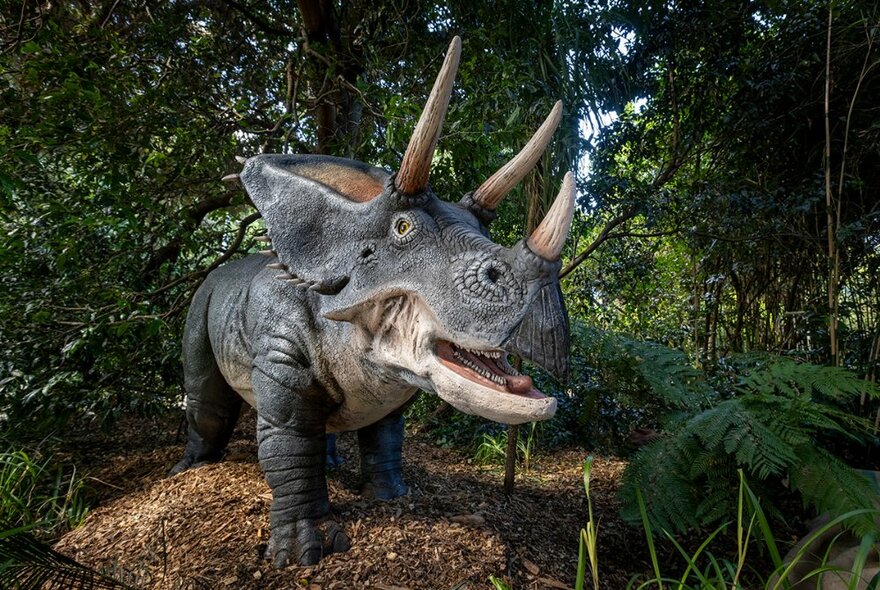 Animatronic Triceratops dinosaur with leafy trees and garden in the background.