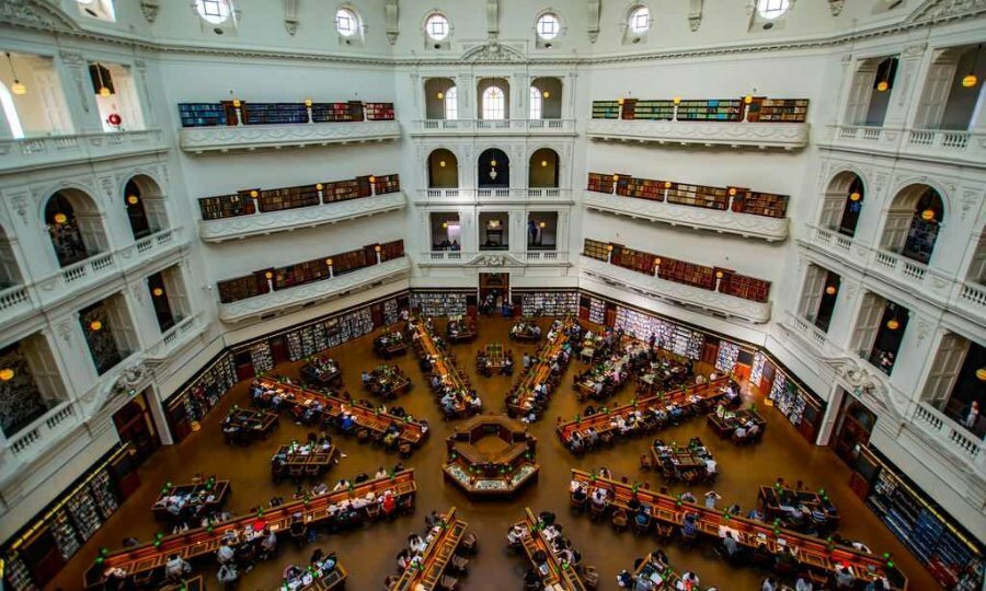 A large reading room in a library