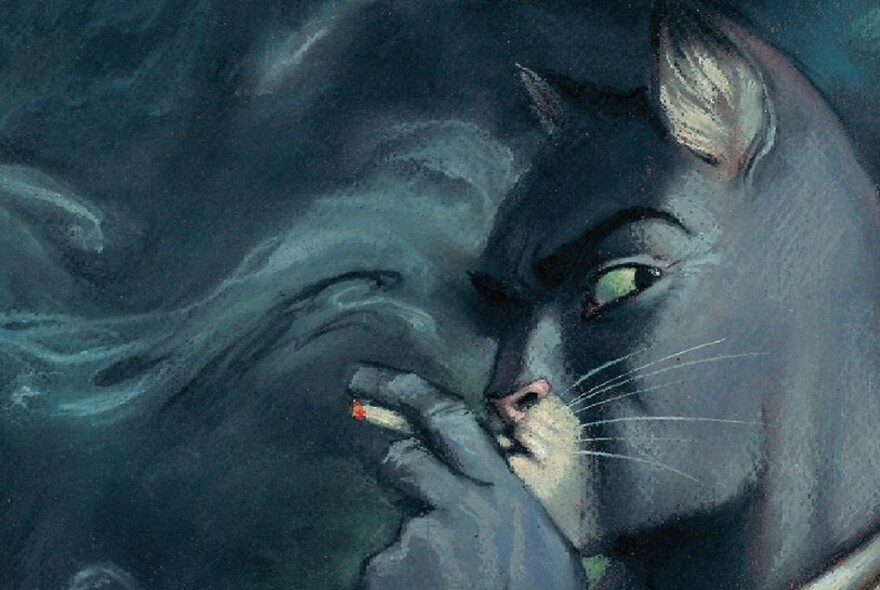 Comic book illustration of a sinister-looking cat smoking a cigarette.