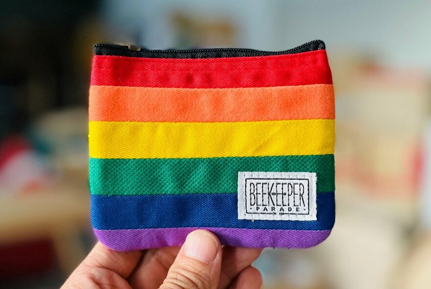 Hand holding up a zippered rainbow-striped coin purse.