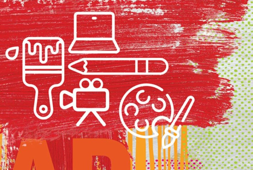 White line drawings of a pencil, laptop, paintbrush, a movie camera and an artist's palette  on a red painted background.