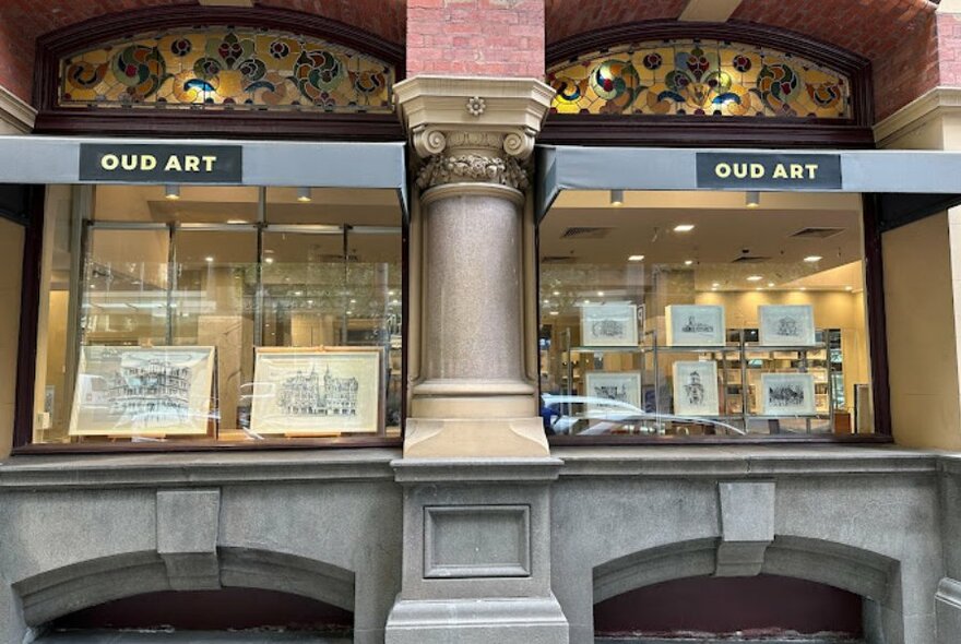 Gallery shopfront in heritage-listed Collins Street building.