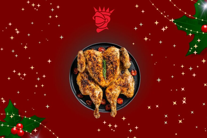 A Christmas-themed image with red, starry background and holly leaves, with a dark plate in the centre showcasing a whole roasted chicken.