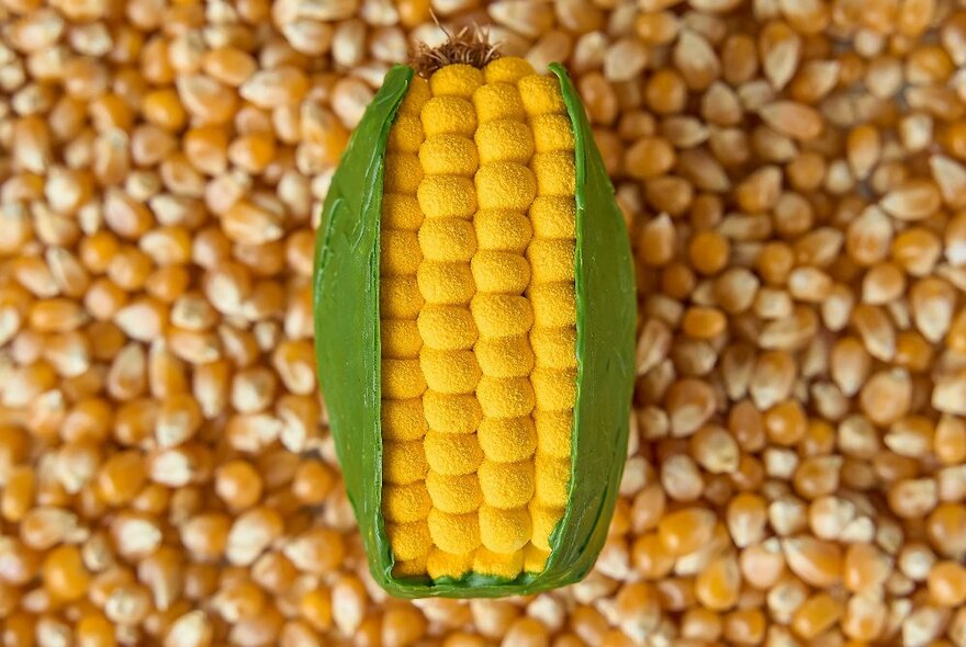 A pastry dessert decorated to look like a sweet corn in the cob, resting on corn kernels.