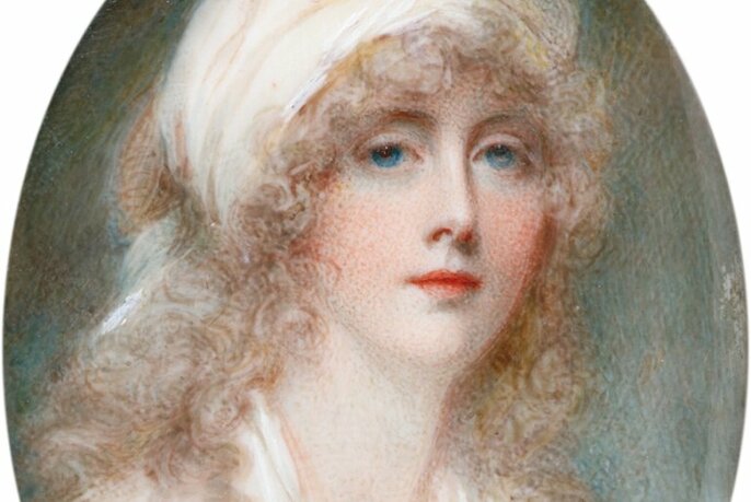 Watercolour self portrait on ivory of the artist Anne Mee, showing a young woman with soft curled blond hair, fair skin and large blue eyes, a white scarf wrapped around her head, circa mid-1790s.