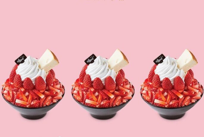 Three strawberry desserts in a row against a pink background.