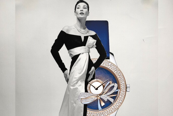 Vintage shot of a model wearing a sashed Dior gown with a large diamond watch in the background.