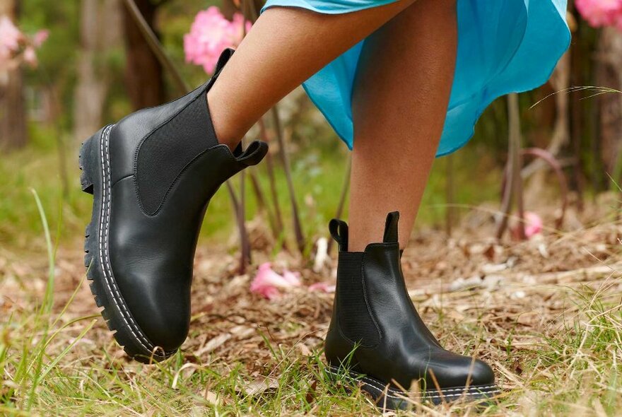 A close up of black chunky ankle boots. 