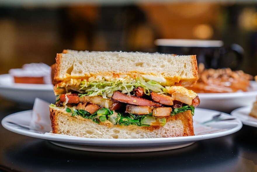 A sandwich with meat and salad sliced in half on a plate.