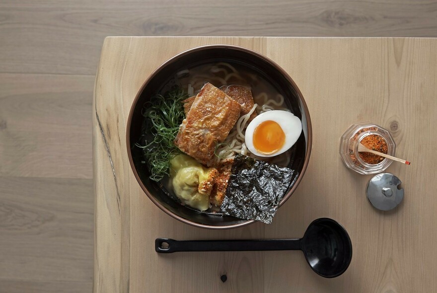 Bowl of Japanese tempeh, egg and seaweed.