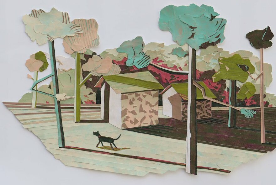 Collage artwork, of huts or structures in a park, trees and a dog. 