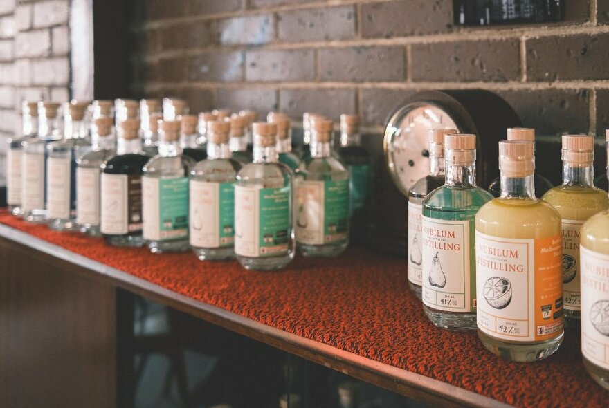 Glass bottles of rum and rakia on a shelf,  lined up against a brick wall.