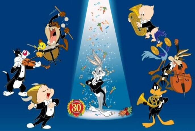 A selection of recognisable Looney Tunes cartoon figures such as Donald Duck, Porky the Rig, Sylvester and Tweety, Wiley E Coyote, and Bugs Bunny, playing musical instruments or singing against a blue background.