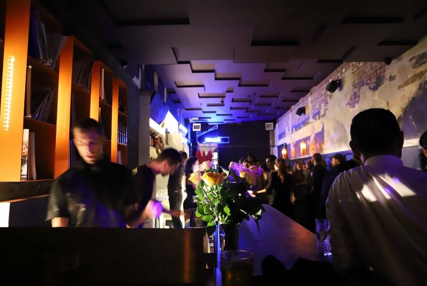 Interior of a bar with a long bar service area, a DJ booth and shelves of records on one wall and people mingling and drinking in the background.