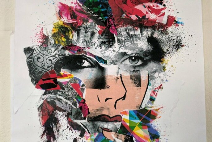 Artwork of a face, overlaid with bright and colourful geometric shapes and linear patterns.
