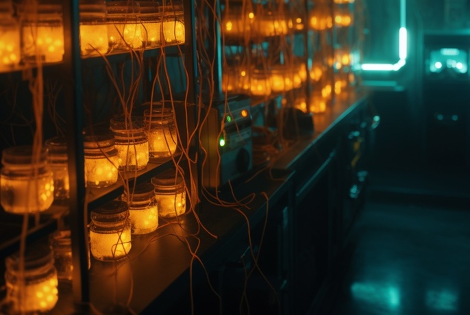 Rows of glowing jars on shelves in a darkened room.