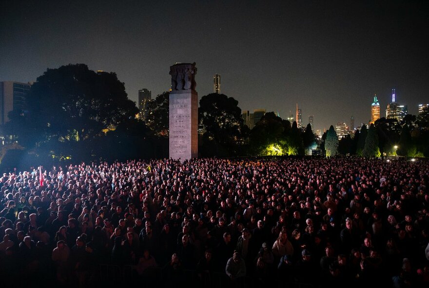 Large crowds of people gathered for the dawn service at the Shrine of Remembrance forecourt.