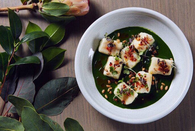 White dish of tofu in sauce with protea flower and leaves.