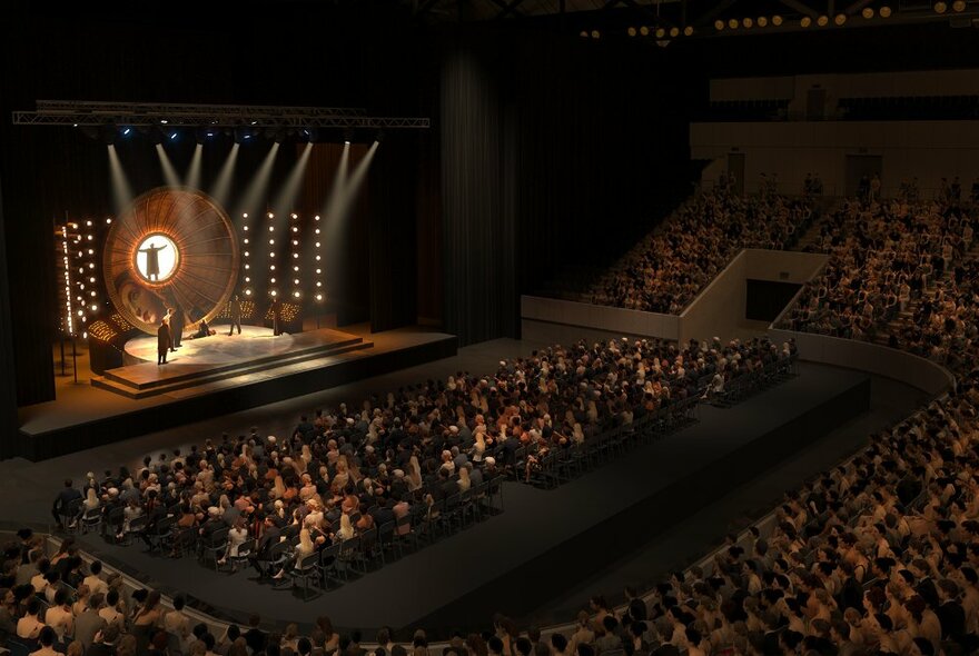 A grand stadium transformed into an opera venue with stage and seated audience.