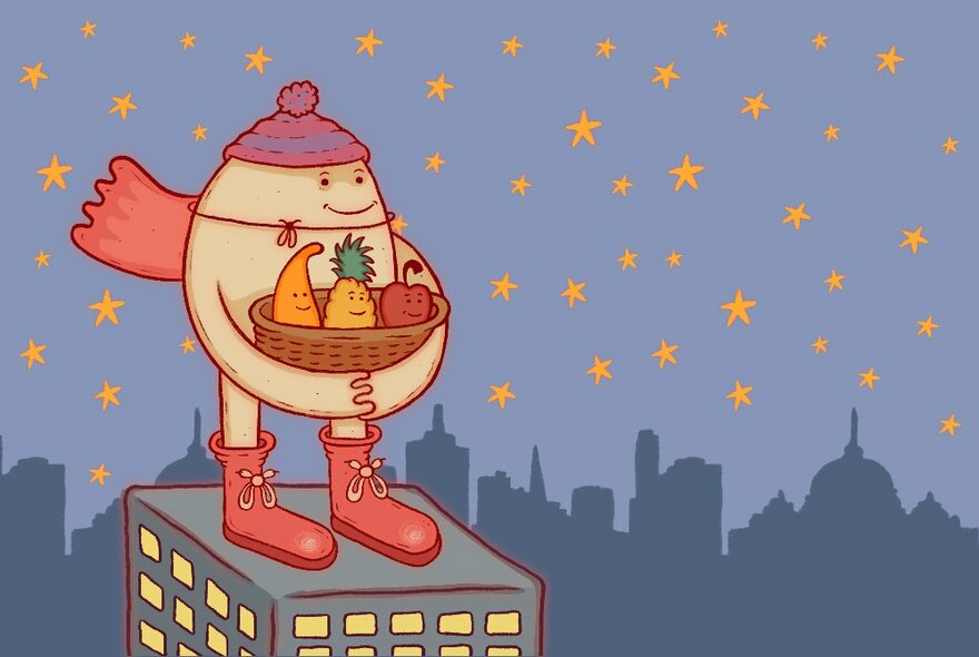 Cartoon of round beige coloured character in a beanie and scarf standing on a skyscraper holding a basket of fruit.