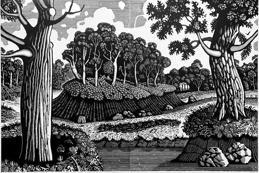 A wood engraving print of a landscape with trees and fields.