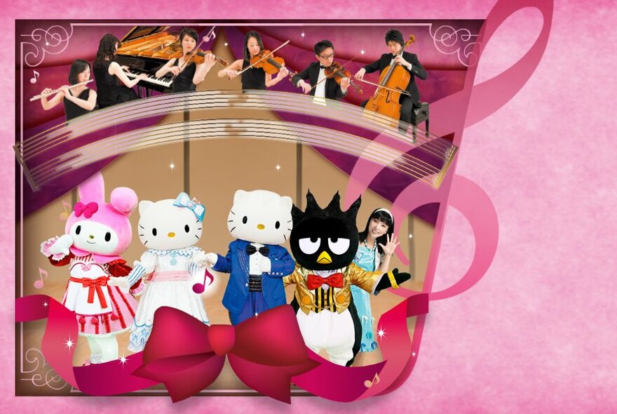 Row of musicians playing instruments including cello, violin, viola, flute and piano, and a row of life-size characters from the animated Hello Kitty franchise.