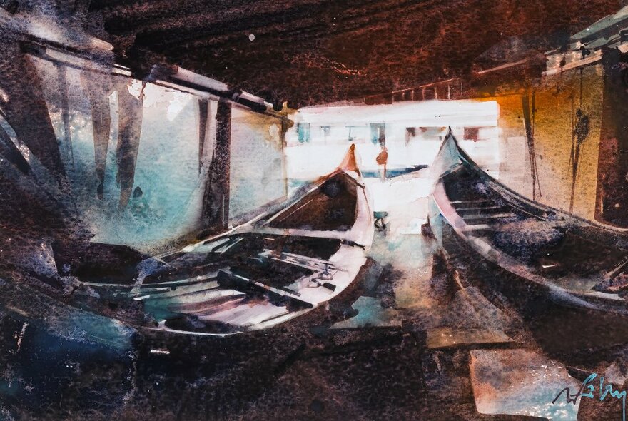 Watercolour painting of small boats berthed in a repair workshed.