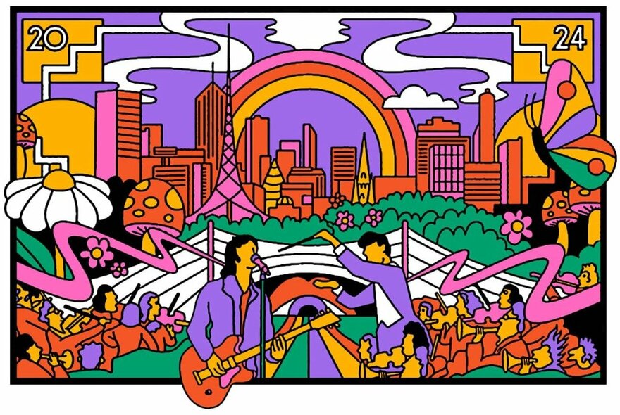 Brightly coloured cartoon style drawing of a band on stage, an orchestra playing behind them, with the city skyline in the background, large butterflies and flowers decorating the edges.