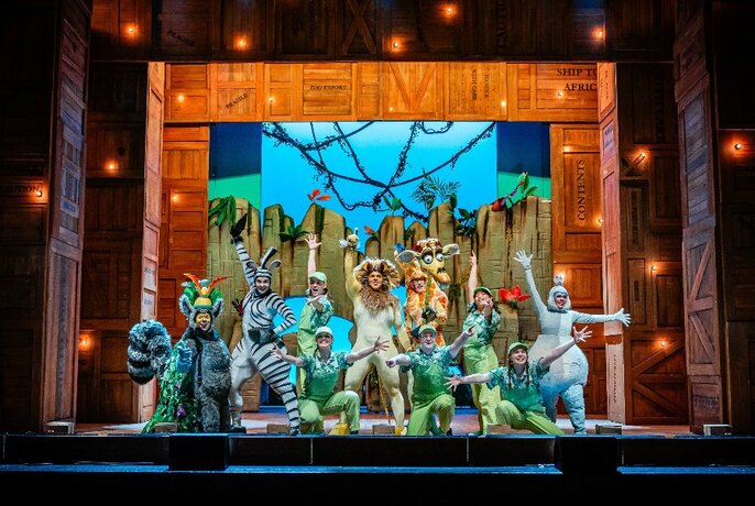 A scene from the stage production of Madagascar the Musical, featuring dancing animals. 