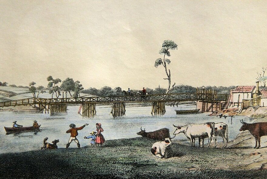 Watercolour painting dating from mid-1850s of activities on a river, with a large bridge over the river and people and cattle dotted in the landscape.