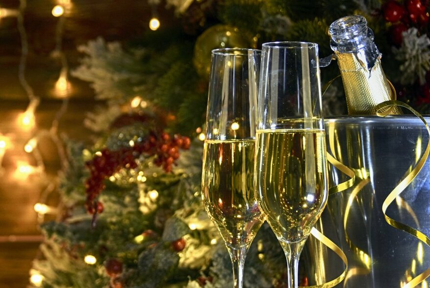 Glasses of champagne next to a festively decorated fir tree.