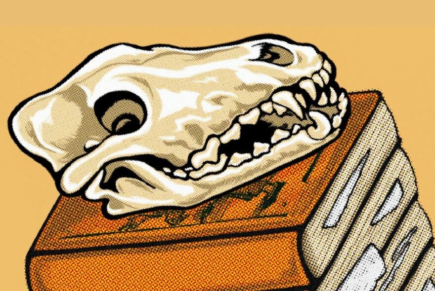 A cartoon drawing of an animal skull on top of a pile of orange books, on a lighter orange background.