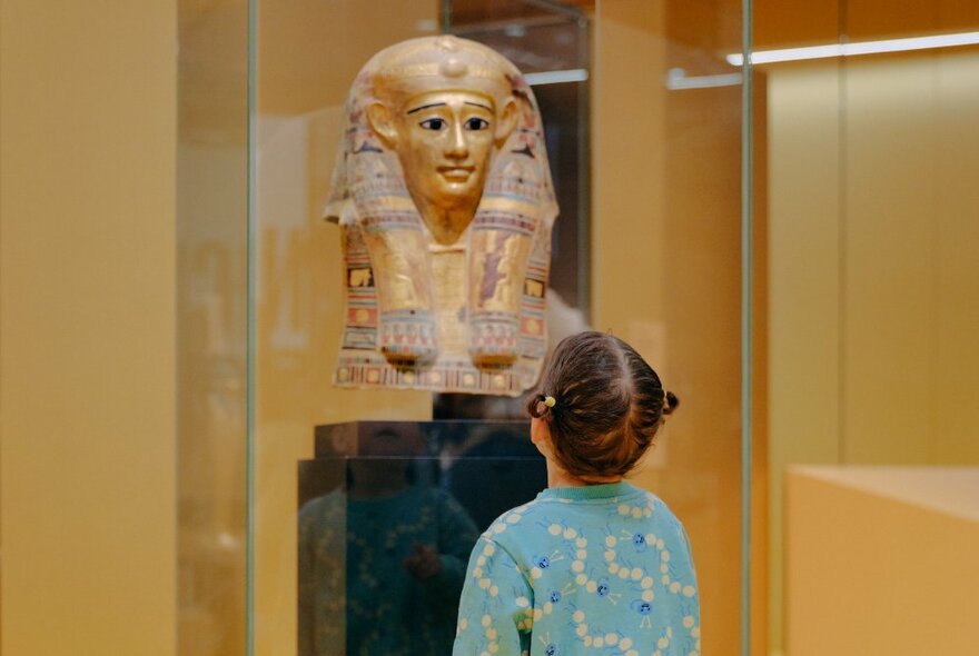 A child staring at a gold sculpture of a Pharoah's head on a plinth display behind a glass case.