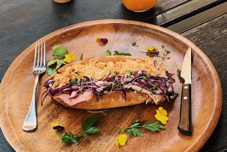 Baguette with chicken and coleslaw.