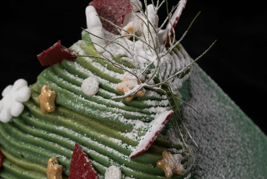 A cake with green icing and ferny decorations and dusted icing sugar.