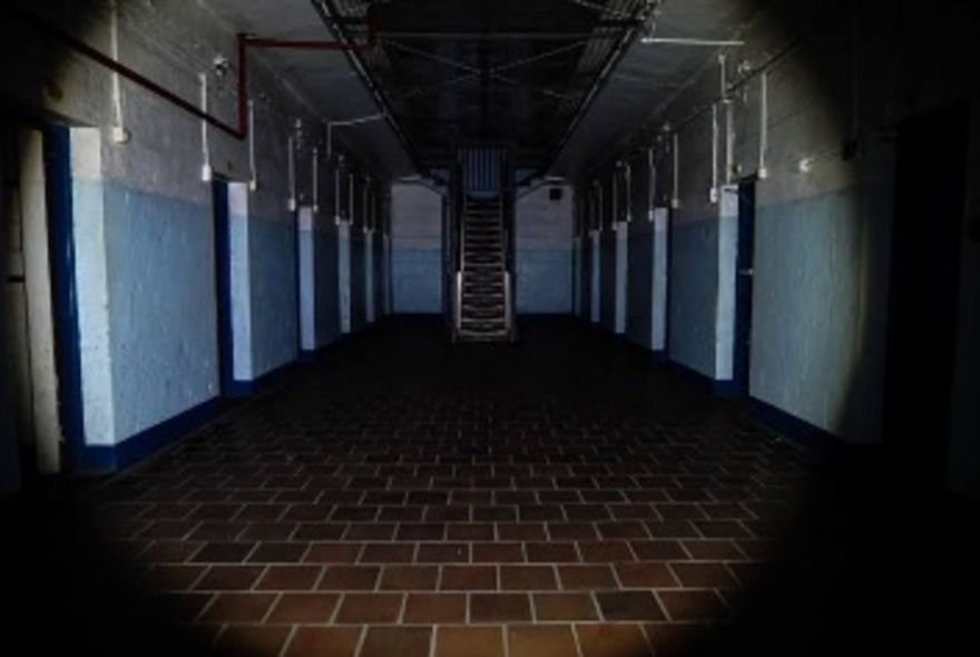 Cellar area with blue walls and tiled floors, viewed through a round viewer.